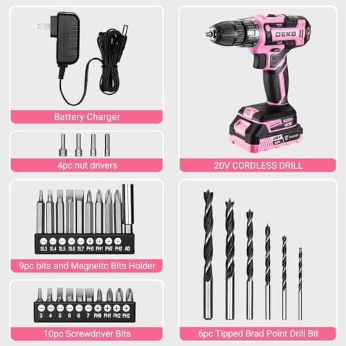 Power Drill Cordless: DEKO PRO Pink Cordless Drill 20V Electric Power Drill Set Tool for Women Drills with Battery and Charger 20 Volt Drills Driver Kit