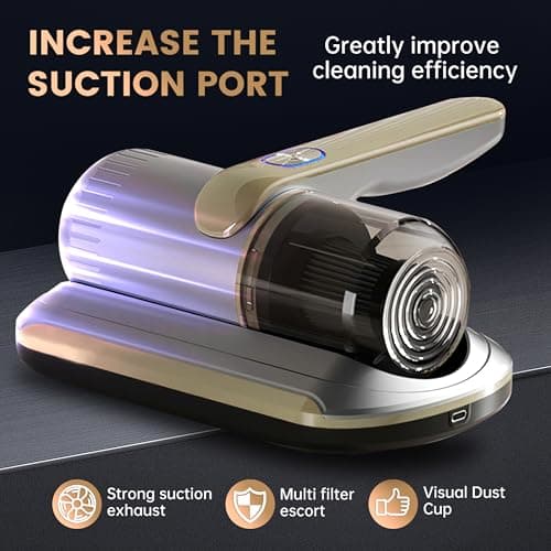 Mattress Vacuum Cleaner, Wireless Handheld Bed Vacuum Cleaner with UV-C Light, HEPA Filter and Ultrasonic Vibration, 12KPa, Suitable for Beds, Sofas, Car Seats, Carpets (Golden)