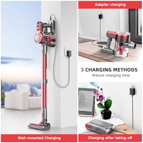 Cordless Vacuum Cleaner for Home with Powerful Suction,Lightweight Stick Vacuum Cordless Rechargeable with 35 Mins Runtime, Hardwood Floor Vacuum for Pet Hair,Carpet,Tile(Red)