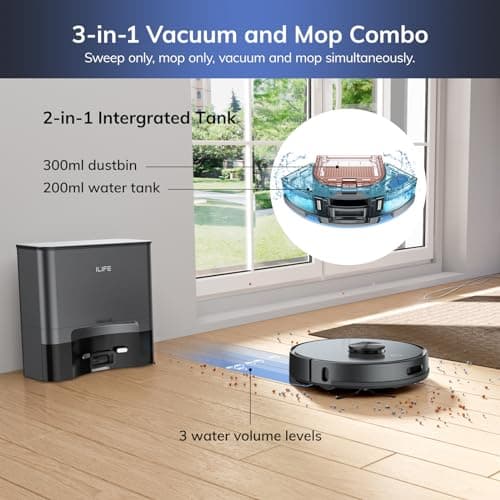 ILIFE T20s Self-Emptying Robot Vacuum and Mop Combo, 5000Pa Suction, 70-Day Capacity, LiDAR Navigation, 260mins Runtime, App/Alexa Control, Robotic Vacuum Cleaner for Hard Floors, Carpets and Pet Hair