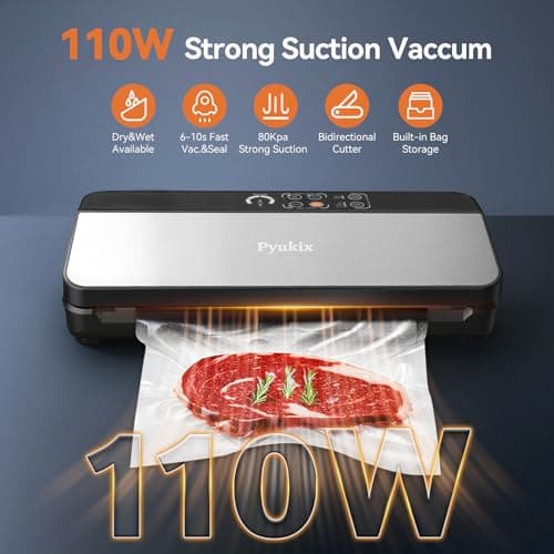 Vacuum Sealer Machine, Food Sealer Machine 80KPA Automatic 8-IN-1 for Food Saving Dry/Moist Mode with Build-in Cutter&Storage, Digital Countdown, Air Suction Hose, 2 Roll-Bags, 11 Vacuum Bags