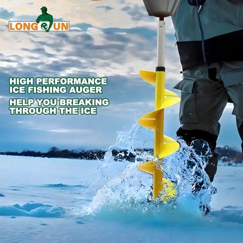 Nylon 8 Inch Ice Auger, 35.95 Inch Extended for Drilling Deep Ice Fishing Holes, Durable Polymer Auger Drill Bit for Ice Post Hole Digger w/Sharp Blade & Cover, Ice Auger Adapter with Handle-Yellow