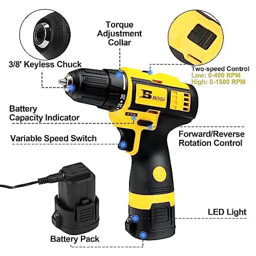 BOSI TOOLS Brushless Cordless Drill Set 16.8V Power Drill Driver Kit with 2 2000mAh Batteries and Charger 3/8-Inch Keyless Chuck 2 Speed 20+1 Position Torque Setting 27pcs Drill Screwdriver Bits