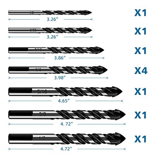 10-Piece Masonry Drill Bit Set for Concrete Tile Glass Ceramic Brick,1/8 to 1/2 Inch Drilling Bits with Triangle Handle,Tungsten Steel Alloy Tip.（Black）
