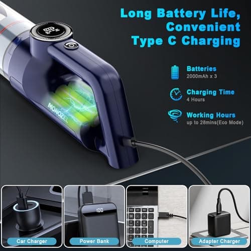 Handheld Vacuum Cordless - Car Vacuum Cleaner with Brushless Motor, 15000Pa Strong Suction with LED Light, Type C Cable, 2 Fliters, Portable Hand Vacuum for Car, Home, and Office