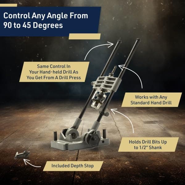 Kings County Tool Portable Drill Guide Jig | Convert Hand Drilling to Drill Press | Bore Up To 45-Degree Angles | 3/8-Inch Shaft and Chuck | 5-Degree Increments | Depth Stop Included