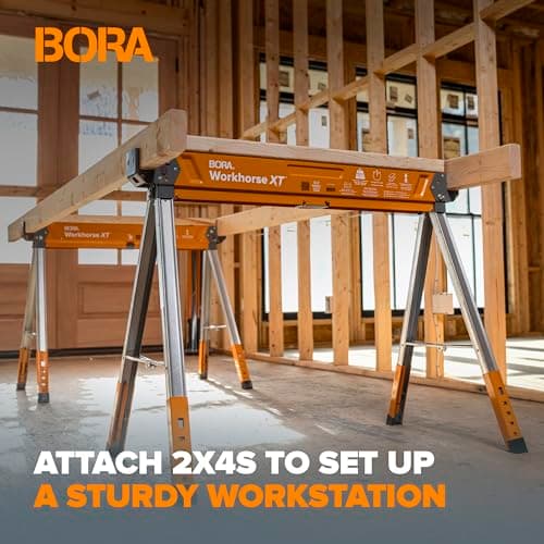 BORA Workhorse XT Saw Horses 2 Pack Folding Heavy Duty Adjustable Height Sawhorse Pair with Adjustable Legs, Heavy Duty Saw horse for Contractors Portable Workbench w/Built in Bottle opener PM-3360T