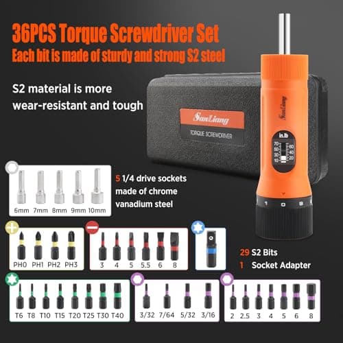 36Pcs Torque Screwdriver Wrench Driver Set 10-70 Inch Pounds lbs with 29 S2 Bits，5 Drive Sockets ，1/4" Socket Adapter for Maintenance,Tools, Bike Repairing and Mounting.
