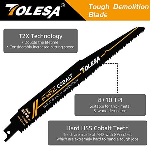 TOLESA Metal Wood Demolition Reciprocating Saw Blades 9 Inch 8+10TPI Sawzall Blades for Steel Pipe Cutting, Drywall, Chipboard, Glass Fiber-Reinforce Plastic and Composite Materials Demolition 5 Pack