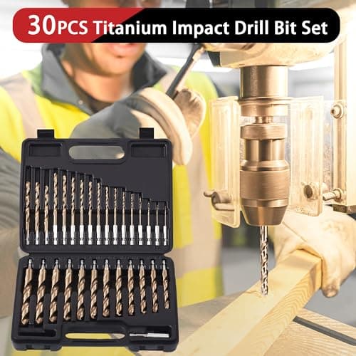 30 PCS Titanium Impact Drill Bit Set, Hex Shank Drill Bit Set for Wood, Steel, Metal, and Plastic with Quick Change Design, HSS Titanium Twist Drill Bit with Storage Case, 5/64" to 1/2"