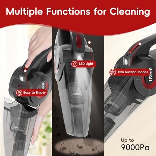 whall Handheld Cordless Car Vacuums, Wet and Dry Use 9000Pa Strong Suction Vacuums, Rechargeable Portable Vacuum Cleaner with LED, Charging Dock, Lightweight Mini Vacuum for Car, Home and Office, Red