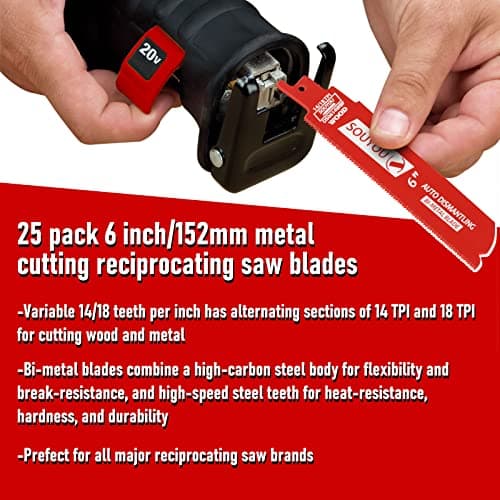 25 Pack 6 in 14/18 TPI Bi-Metal Reciprocating Saw Blades with Organizer Carbide Alloy Steel for Automobile Dismantling Metal Steel Cutting Non-Stick Coated for Less Heat for 1/16-5/16 Medium Metals