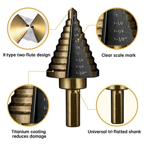 Step Drill Bits, 5PCS HSS Titanium Step Drill Bit Set, 50 Sizes High Speed Steel Step Bits for Metal with Aluminum Case