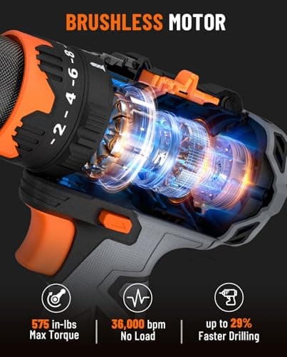 TITANCE X6 Advanced Cordless Drill Driver, 20V Brushless 1/2'' Impact Drill, 575 IN-LBS, 36000 BPM, 3-IN-1 Mode, 2-Speed, Metal Chuck, 2.0Ah Battery, Driver Kit for DIY Project & Home Use