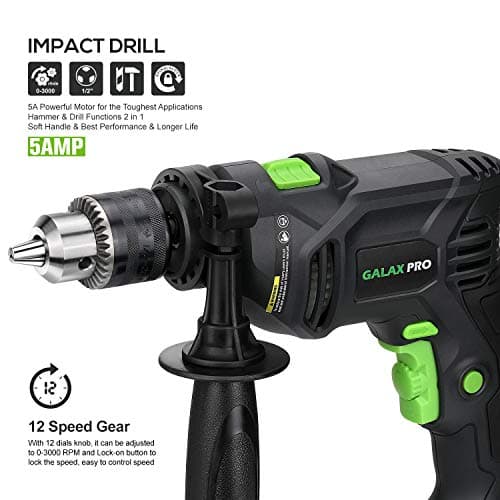 GALAX PRO 5Amp 1/2-inch Hammer Drill with 105pcs Accessories, Variable Speed 0-3000, Hammer and Drill 2 Functions in 1, 360°Rotating Handle, Depth Gauge, Carrying Case Included