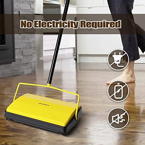 Carpet Sweeper Manual Push with Horsehair Brush, Electrostatic Floor Roller Sweeper Broom Non Electric for Pet Hair, Rug (Yellow)