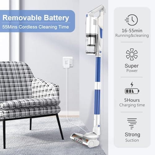 whall Cordless Vacuum Cleaner, Upgraded Strong Suction Brushless Motor Cordless Stick Vacuum Cleaner,Lightweight Handheld Vacuum for Home Pet Hair Carpet Hard Floor,up to 55mins Runtime,White