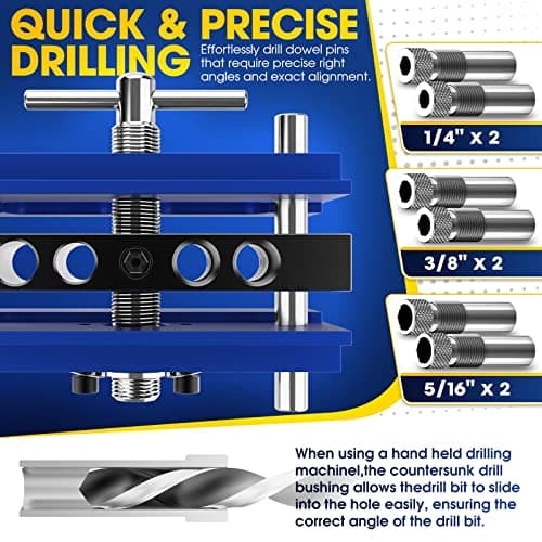 Self Centering Doweling Jig Kit, Drill Jig For Straight Holes Biscuit Joiner Set With 6 Drill Guide Bushings, Adjustable Width Drilling Guide Power Tool Accessory Jigs (Blue)
