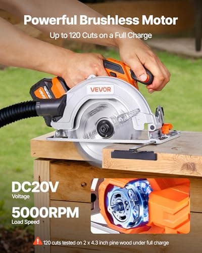 VEVOR Cordless Circular Saw, 7-1/4 inch Blade, 5000 RPM Speed, 0-45 Degree Bevel Capability, Brushless Motor, LED Light, Electric Circular Saw Kit with Battery and Charger Included, for Wood Cutting