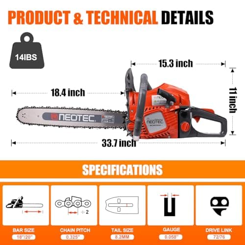 58CC Gas Chainsaw 18 Inch 20 Inch, Gas Powered Chain Saw with Ergonomic Handheld Petrol Gasoline Chain Saw, 2-Cycle Gas Engine Chainsaw for Tree Wood Firewood Outdoor Cutting