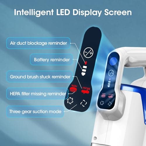 Cordless Vacuum Cleaner, Brushless Motor Powerful Suction Stick Vacuum, LED Display, with 2500 mAh Detachable Battery, 45 Mins Runtime Vacuum Cleaners for Home/Pet Hair/Hardwood/Carpets, Blue