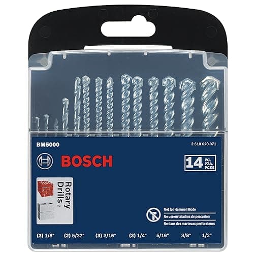 BOSCH BM5000 14-Piece Fast Spiral Rotary Masonry Carbide Tip Bits Assorted Set for Rotary Drilling Applications in Block, Brick, Masonry