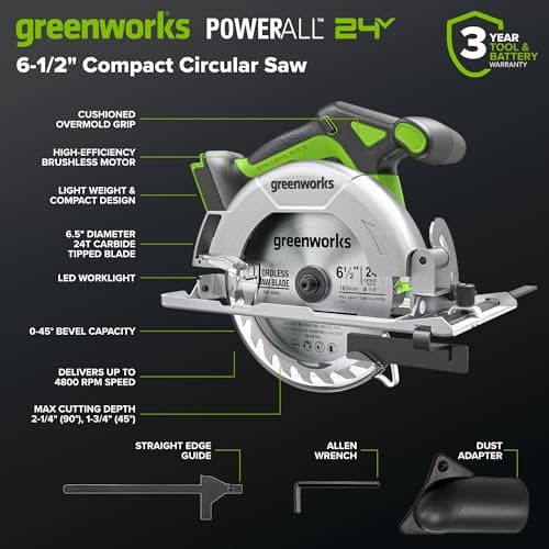 Greenworks 24V Cordless Brushless 400 in-lbs Drill/Driver + 6.5" Circular Saw, 4,800 RPM, Cutting Depth 45°/90° (2) 2.0Ah USB-C Batteries(12,000mAh Power Bank) and 65W USB-C Fast Charger(3-Port)