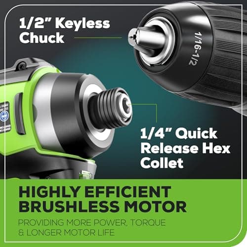 Greenworks 24V Brushless Cordless Drill and Impact Driver,Power Tool Combo Kit Included 1/2”Drill & 1/4”Hex Impact Driver and (2) Batteries, Fast Charger, 2 pcs Drill Bit Set & Bag
