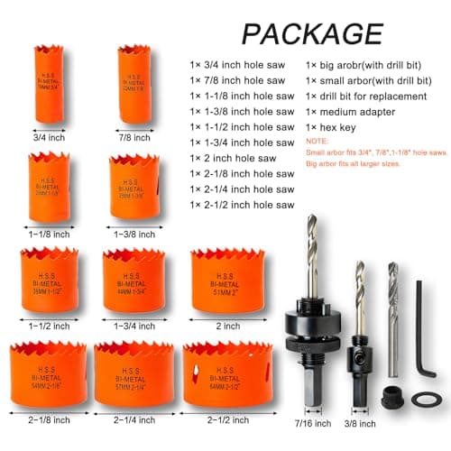 Hole Saw Kit Bi Metal with Case, General Purpose Size from 3/4'' to 2-1/2'', Hole Saw Set for Metal, Wood and Plastic, with Clean and Smooth Cutting Edge, Fast Chip Removal.
