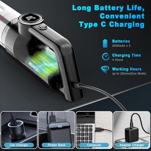 Handheld Vacuum Cordless - Car Vacuum Cleaner with Brushless Motor, 15000Pa Strong Suction with LED Light, Type C Cable and Charger, 2 Fliters, Portable Hand Vacuum for Home, Pet and Car