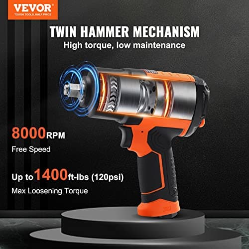 VEVOR 1/2-Inch Air Impact Wrench - High Torque 1400 ft-lbs - Lightweight 4.6 lb - Includes 11-Piece CR-V Steel Impact Socket Set & Carrying Case