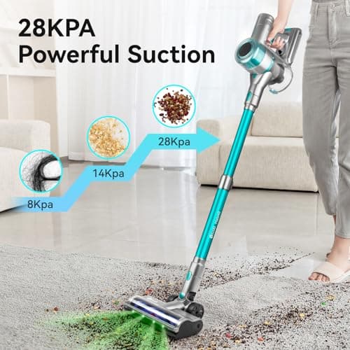 E.LUO Cordless Vacuum Cleaner, 28Kpa Vacuum Cleaners for Home, 60 Mins Runtime Stick Vacuum with Intelligent Display, Rechargeable Battery & Anti-Tangle Brush Handheld Vacuum for Floor Carpet Pet Hair
