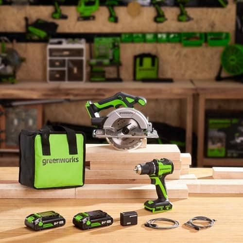 Greenworks 24V Cordless Brushless 400 in-lbs Drill/Driver + 6.5" Circular Saw, 4,800 RPM, Cutting Depth 45°/90° (2) 2.0Ah USB-C Batteries(12,000mAh Power Bank) and 65W USB-C Fast Charger(3-Port)
