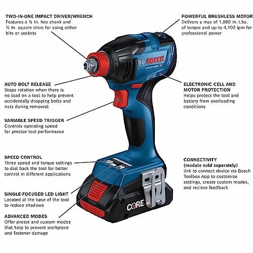 BOSCH GDX18V-1860CB15 18V Connected-Ready Two-In-One 1/4 In. and 1/2 In. Bit/Socket Impact Driver/Wrench Kit with (1) CORE18V 4 Ah Advanced Power Battery