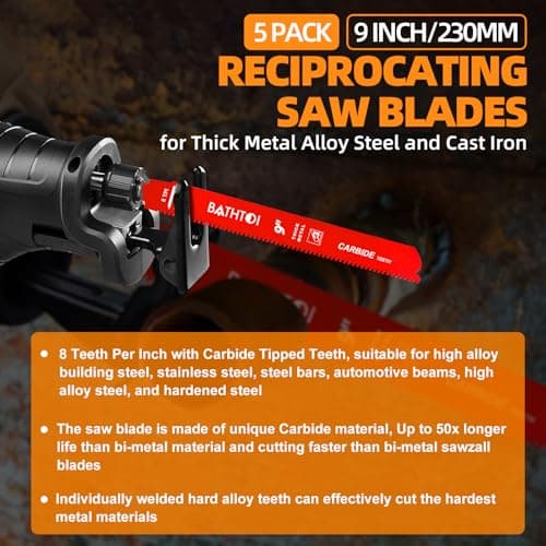 5 Pack 9 Inch 8 Tpi Carbide Reciprocating Saw Blades for Thick Metal Cutting, Cast Iron and Alloy Steel Cutting Sawzall Blades with Carbide Tipped Teeth for Longer Life and Faster Cutting Speed