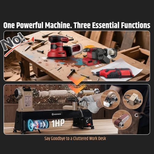 12" x 18" Wood Turning Lathe, 1 HP Benchtop Woodworking Lathe with Variable Speed 650-3800 RPM, Dual-Function Design with Extension Ports for Belt Sander or Grinding Wheel or Rotary Kit