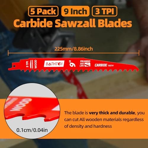 5 Pack 9 Inch 3 Tpi Carbide Reciprocating Saw Blades for Wood Cutting and Tree Trimming, Pruning Sawzall Blades with Carbide Tipped Teeth for Longer Life and Faster Cutting Speed