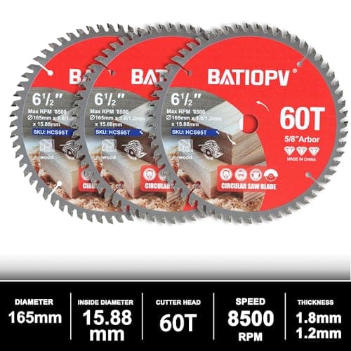 Circular Saw Blades 6-1/2 Inch 3-Pack, 60T for Wood Cutting – Ideal for Hardwood, Plywood, Chipboard – Precision Carbide-Tipped Saw Blades for Smooth Finish