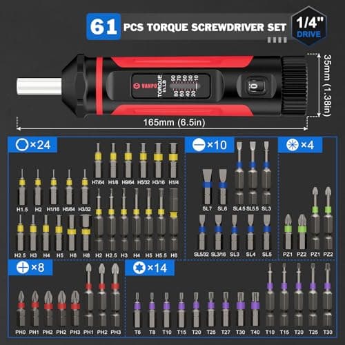VANPO Torque Screwdriver, 10-90In-lb Torque Screw Driver Wrench Driver Set, 1/4” Drive Inch Pounds Torque Wrench Screwdriver with 60 S2 Bits for Maintenance, Tools, DIY, Bike Repairing and Mounting