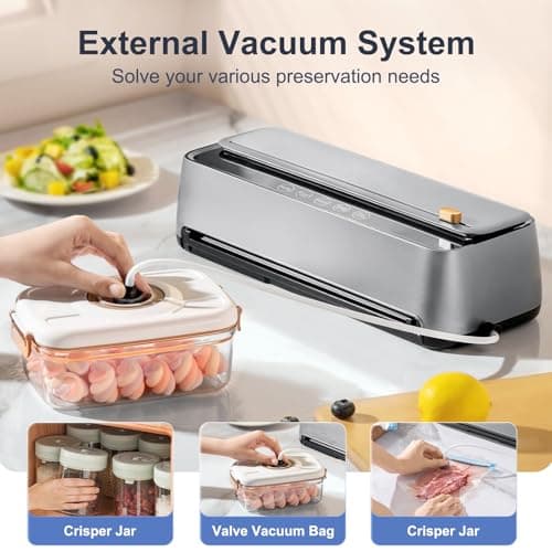85Kpa Vacuum Sealer Machine for Food, 8-IN-1 Fully Automatic Food Sealer with Built-in Cutter & Bag Storage, Dry/Moist/EXT-VAC Modes, LED Touch Control, Includes 12 Vacuum Bags & 1 Roll Bag