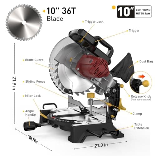 10-inch Compound Miter Saw, 5000RPM, 15 Amp, Single Bevel 0-45° with Extension Table, 36T Blade, Power Saw for Metal, Plastic, Wood, Laminates