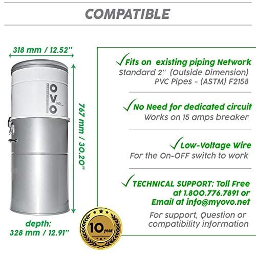 OVO Heavy Duty Powerful 700 Airwatts Central Vacuum System, Hybrid Filtration (with or Without Disposable Bags) 35L or 9.25Gal, with 30 ft Carpet Deluxe Accessory Kit