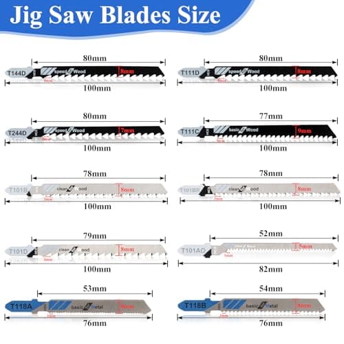 Jigsaw Blades, 10 Piece Jig Saw Blades, Assorted T-Shank jig Saw Blades for Wood, Metal and Plastic Cutting(T111D, T101AO, T101BR, T101D, T101B, T118A, T118B, T144D, T244D,T111C)