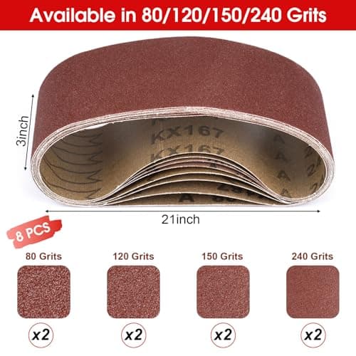 Belt Sander Sanding Belts, 8 Pcs Belt Sander Paper (2 Each of 80 120 150 240 Grits), Aluminum Oxide for Woodworking Polishing (3 x 21 inch)
