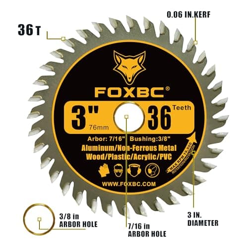 FOXBC 3 Inch Carbide Circular Saw Blade 36 Tooth for Wood, Plastic, PVC, Acrylic, Aluminum with 7/16" Arbor, 3/8" Bushing - 3 Pack