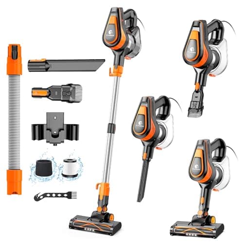 23Ft Corded Vacuum Cleaner, 600W Powerful Self-Standing Stick Vacuum for Home with 20Kpa Suction, 2 Speeds Lightweight Household Vacuum Cleaner for Carpet,Hardwood Floors and Pet Hair