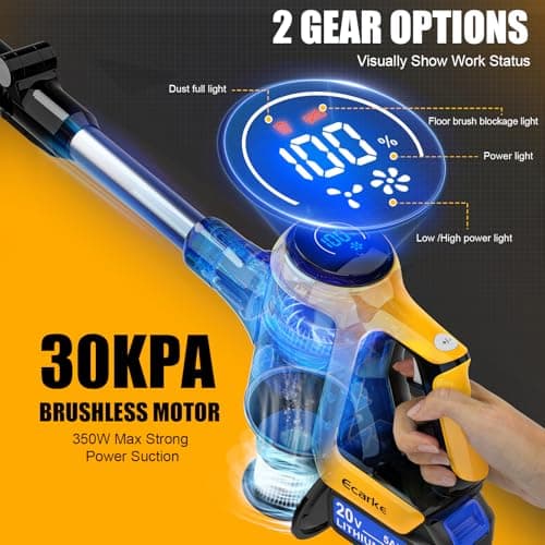 Cordless Stick Vacuum Cleaner Compatible with DeWalt Battery, 350W Brushless Motor, 30KPa Suction, 6-in-1 180° Bendable Wand, Smart Screen 2x5AH Batteries & Charger – Hardwood Floors