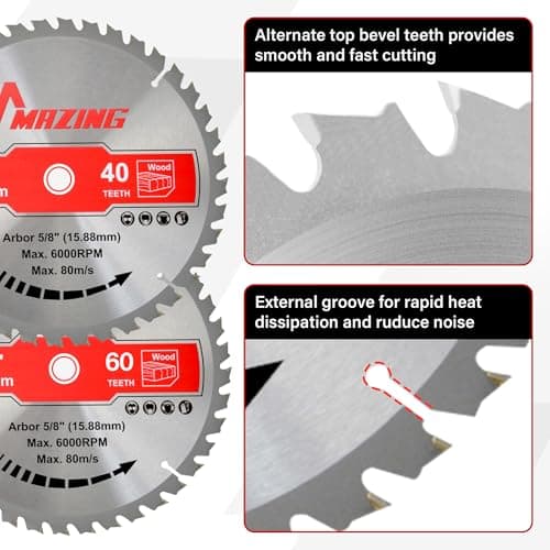 MAZING 3-Piece 7-1/4 Inch 24T&40T&60T Circular Saw Blades, 7.25 Inch TCT Compact Saws Blades with 5/8" Arbor, ATB Design for Precision Woodworking, Fit for Plywood, Soft & Hardwood, Wood with Nails
