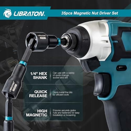 LIBRATON Magnetic Nut Driver Set, 35PCs Impact Driver Bit Set, Deep Nut Driver Set, Metric & SAE Nut Driver for Impact Drill, Wing Nut Driver, Quick-release Bit Holder, Drill Bit PH1 PH2, with Toolbox