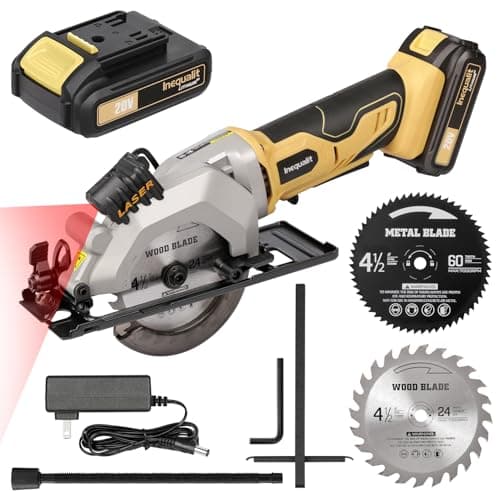 4-1/2 Inch Mini Circular Saw, 3400 RPM Cordless Circular Saw with Laser Guide, Rip Guides, 2 Blades (24T Wood + 60T Metal), Max Cutting Depth 1-11/16" (90°), 1-1/8" (45°)"